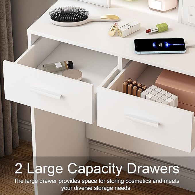 Small Makeup Vanity Desk with Mirror and Lights, Vanity Table Set with Storage Drawer & Open Shelves, 3 Lighting Colors, Adjustable Brightness Mini Makeup Vanity with Stool (Style B)