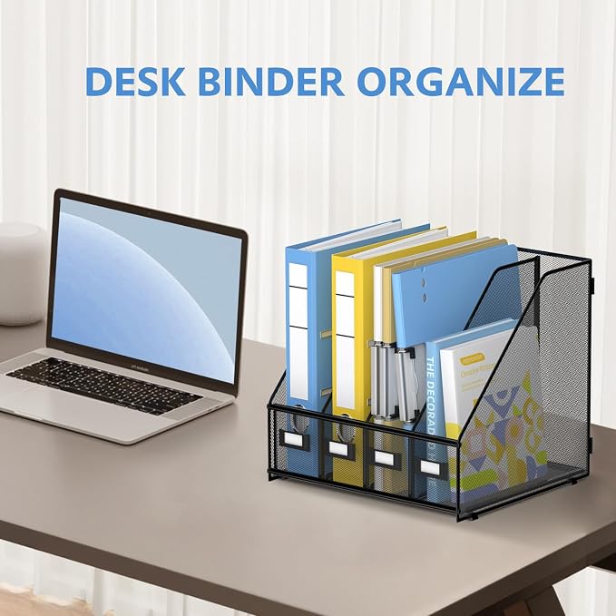 4 Vertical Compartments Magazine File Holder, Metal Binder Organizer, Black | Space-Saving Desktop Storage, Built-In Label Holders, Anti-Slip Feet, Sized for Binders, Folders, Magazines and Files