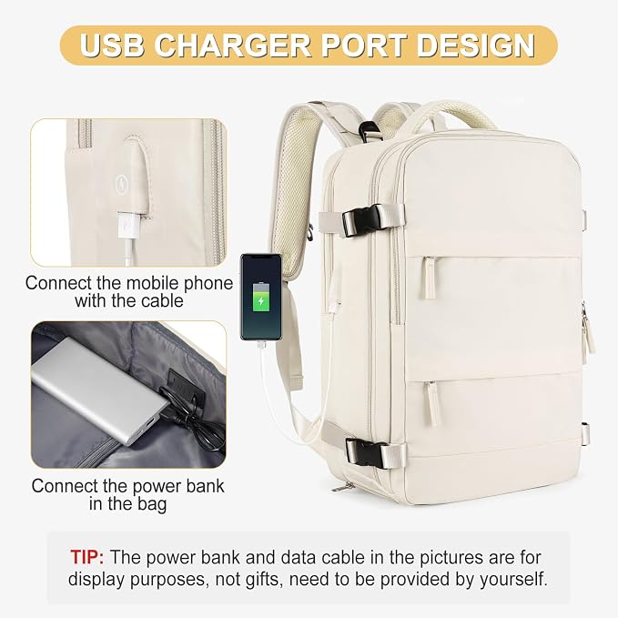 Beige Large Travel Backpack For Women Men Airline Approved Personal Item Backpack For Airlines Carry On Backpack Flight Approved Waterproof Backpack For Traveling On Airplane Weekender Travel Bag