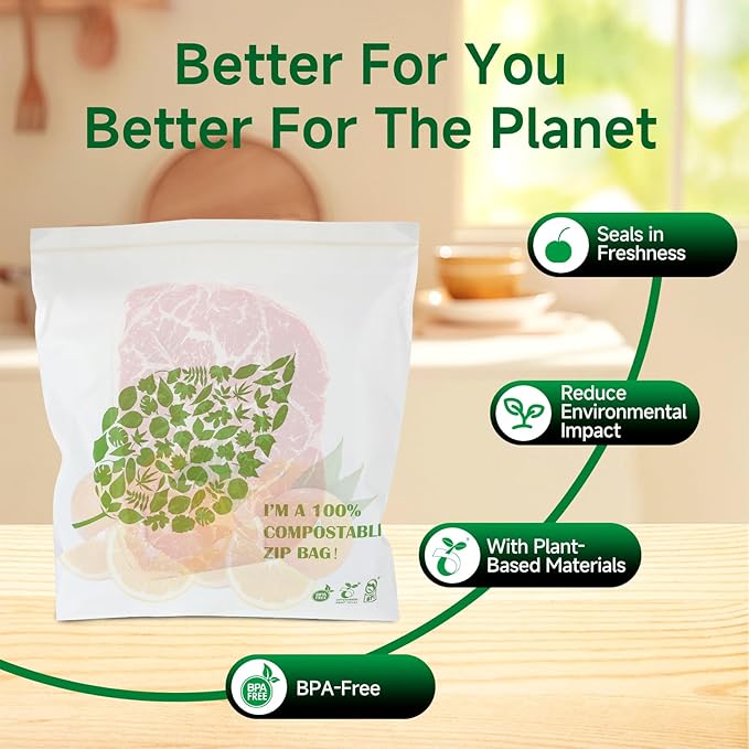 Compostable Gallon Size Food Storage Bags Freezer and Leak Proof, (25 Eco Zip) Seal well for Fruit,Food and Vegetable Plant-Based BPA-free (50)