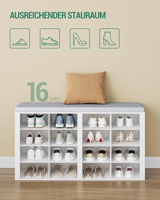 Hzuaneri Shoe Storage Bench, Entryway Shoe Rack with Cushion and Cubbies | entryway shoe rack bench cabinet with 16 cubbies and adjustable shelves for bedroom, living room, White SB25603GY