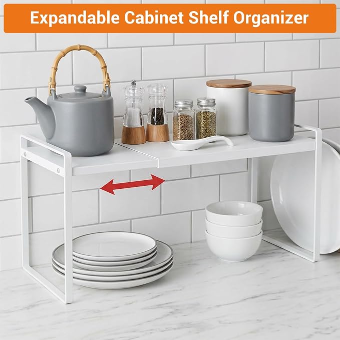 Kenaoeoe 14.2-23.6 Inch Expandable Cabinet Shelf Organizer Riser Adjustable Kitchen Cabinet Organizer for Pantry Cupboard Under Sink Countertop, Space Saver Storage Rack, White