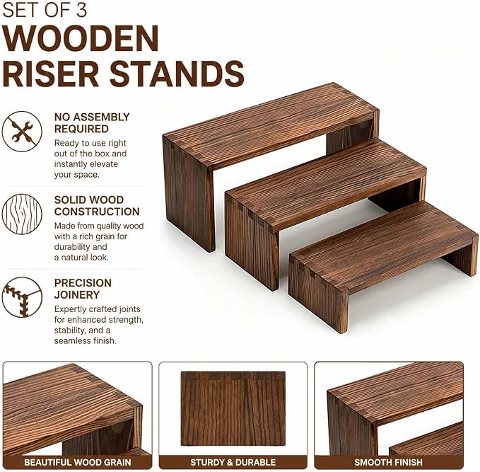 3-Tier Wooden Display Risers, Tiered Display Stand, Shelf Risers for Table Display, Small Wood Display Shelf (1, Cranberry)