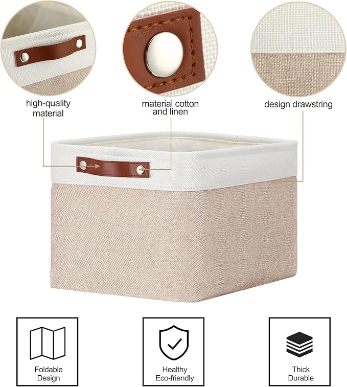 Uiifan 10 Pcs Collapsible Storage Bins Fabric Foldable Storage Basket with Handles Cloth Organizer Linen Shelf Baskets for Shelves Home Closet Nursery Toys(16 x 12 x 10 Inch,Beige and White)