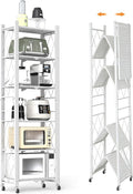 6-Tier Foldable Storage Shelves with Wheels, Folding Metal Shelf Unit, Folding Bookshelf no Assembly, Collapsible Shelves for Craft Shows for Kitchen, Bedroom, Living Room, White