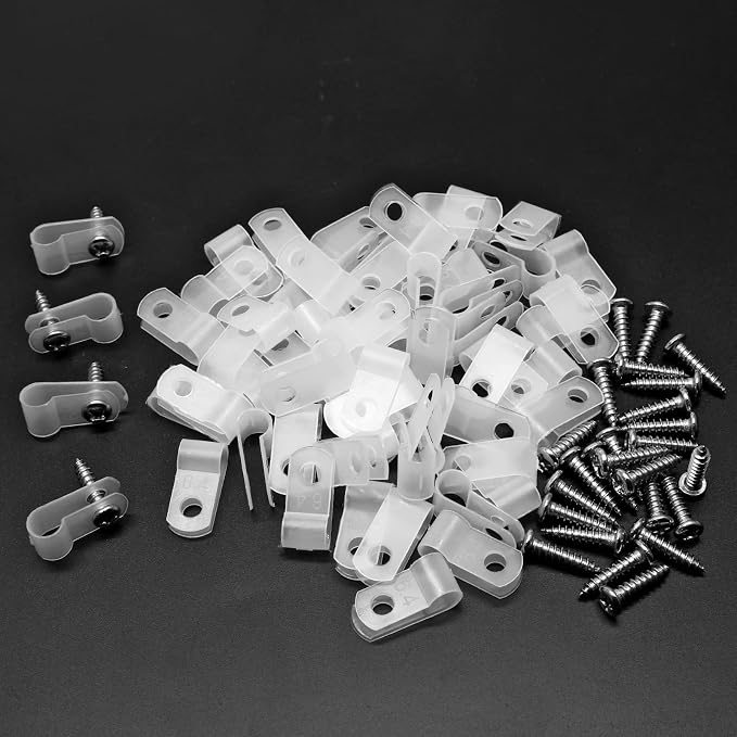 1/4 Inch Nylon Cable Clamps, White, 60pcs R-Type Wire Cable Clips | M4 Screws Included, Screw Mounting Cord Fastener, Wire Management