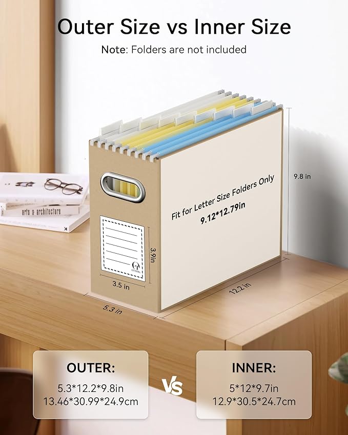 Oterri File Organizer Box, Portable Collapsible Cardboard File Folder Organizer with Handle for Letter Size Hanging Files, Document Storage Box for Home Office & Classroom (4 Packs, Brown)