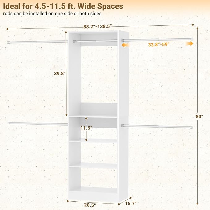 Homieasy Closet System, 4.5-11.5 Ft Expandable Closet Organizer with 5 Hanging Rods, Walk-in Wood Closet Organizer System with Storage Tower, Heavy Duty Garment Rack Wardrobe for Bedroom, White
