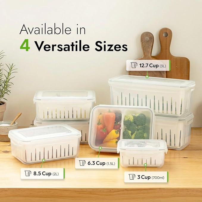 carrotez 16.9 Cup Produce Saver Container for Fridge with Colander 4.0L | Airtight Fruit & Vegetable Storage Bin, Removable Strainer Basket, BPA-Free, Stackable, White Colander