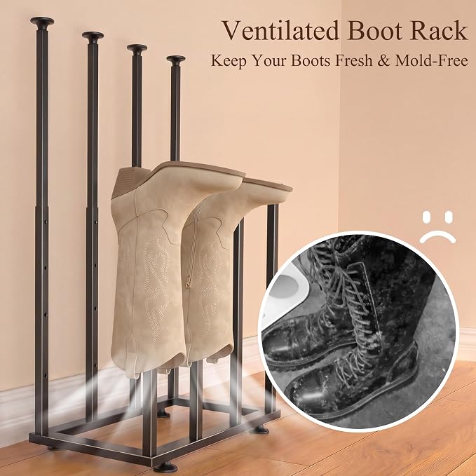 Adjustable Height Boot Rack, Metal Free Standing Shoe Storage Shelf | Cowboy Boots Organizer, Narrow Space-Saving Tall Boot Holder, for Closet Entryway Garage Bedroom, Outdoor, Apartment, 8 Pairs