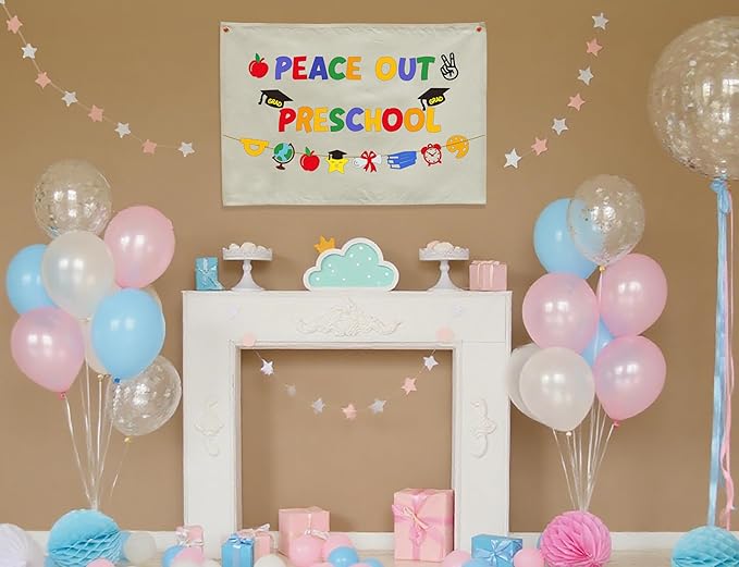 Graduation Banner Party Decor-Rectangular Canvas Banner Pennant Poster Wall Sign-Garland for Congratulation Graduation Party Supplies Classroom Front Door Home Decorations-Peace Out Preschool