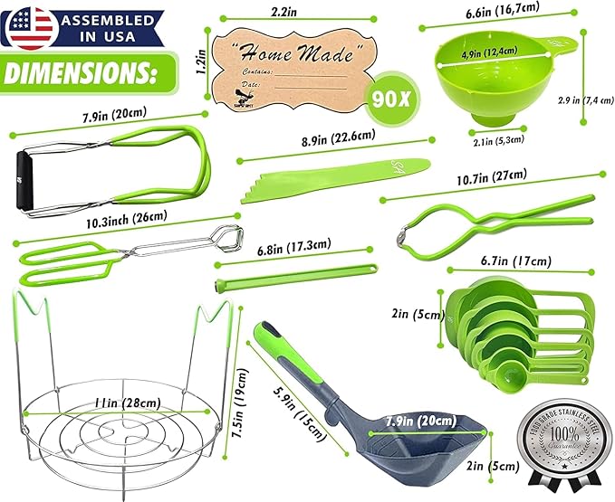 Supa Ant Complete Canning Starter Kit – 10pc Food-Grade Steel Set with XL Ladle, 6 Measuring Cups, Jar Lifter, Wide Mouth Funnel, Canning Rack (7-Jar Capacity) & 90 Labels – Beginner-Friendly, Green