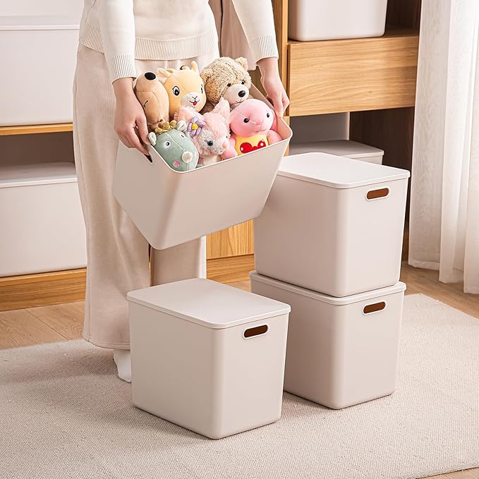 Plastic Storage Bins with Lid, White Stackable Storage Basket Organizer Box, Sturdy Containers Organizing Lidded Bins for Shelves, Cabinet, Desk, Pantry, Bedroom, Book, Toys (gray, 6XL+4M)