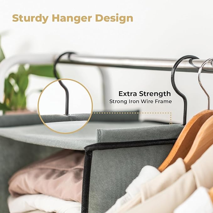 SMIRLY 6 Shelf Hanging Closet Organizer Hanging Shelves, Closet Hanging Organizer with 2 Sturdy Hooks for Wardrobe, Nursery, Storage (Grey, Separate)