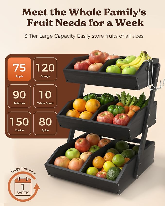 Sevenblue 3-Tier Bamboo Fruit Basket with 2 Banana Holders Black | Large tiered organizer for bread, snacks, veggies. Sturdy bamboo, includes mats & dividers. Easy to assemble.