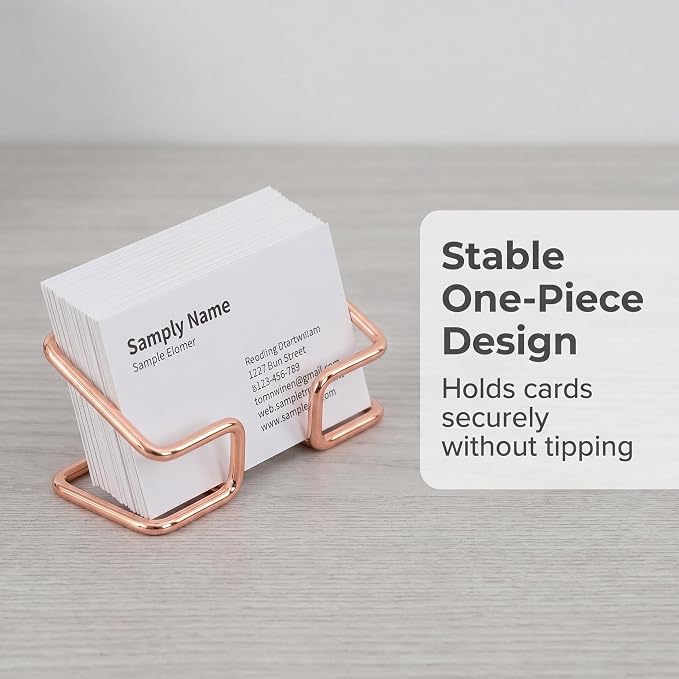Desktop Business Card Holder, Sturdy Metal Name Card Display Stand for Office Reception, Work Desk, Exhibition Rose Gold