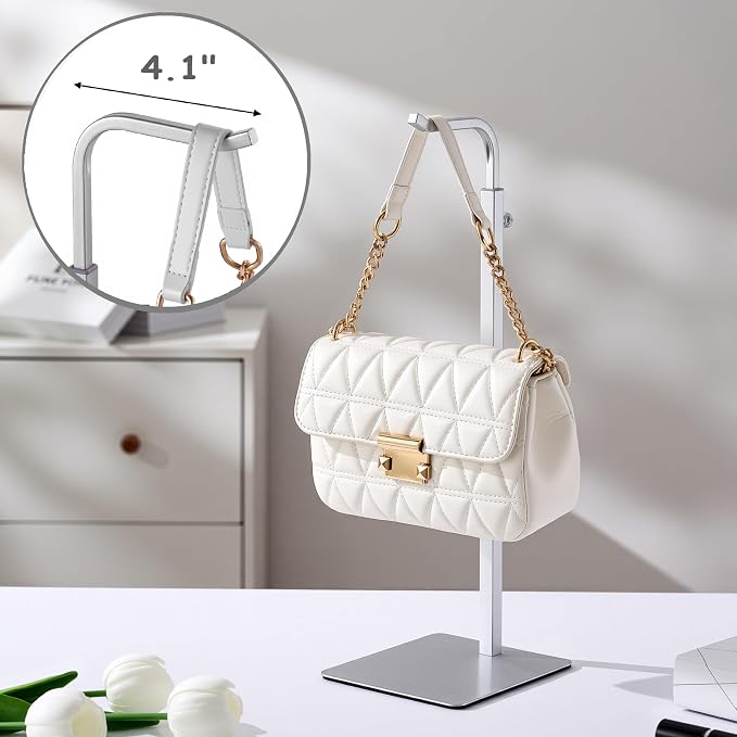 2 Pack Purse Holder Handbag Display Stand: Silver Hanger Rack for Bags, Purses, and Wreath, Adjustable Hook Stand for Tabletop, Closet, and Retail Use for Vendors