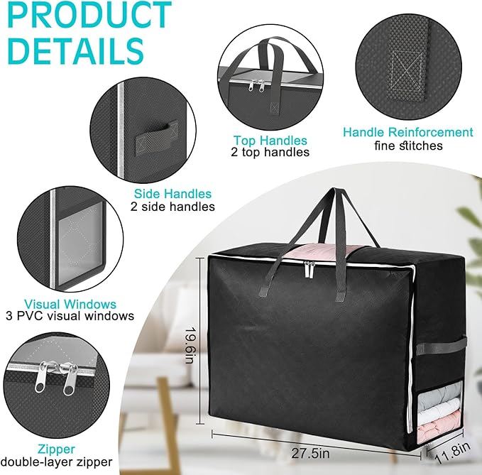 2 Pack 105L Extra Large Comforter Storage Bag, Foldable Bedding Storage Blanket Moving Bags for Clothes Pillows Sweater Dorm, Linen Closet Organizers with 4 Handles & 3 Clear Windows, Black