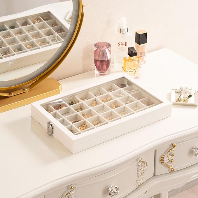 Lolalet Jewelry Organizer Tray with Lid, 35 Grids Velvet Earring Organizer Holder Storage Box for Drawer -Beige