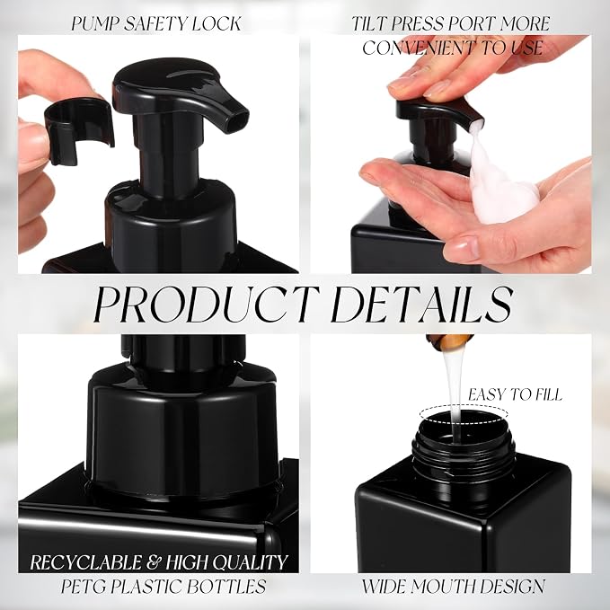 Domensi Foaming Soap Dispenser 8.5 oz Foam Pump Bottle Bulk Empty Travel Foaming Dispenser Refillable Hand Soap Plastic Pump Bottle Travel Clear Container for Bathroom Vanities(2 Pcs,Whole Black)
