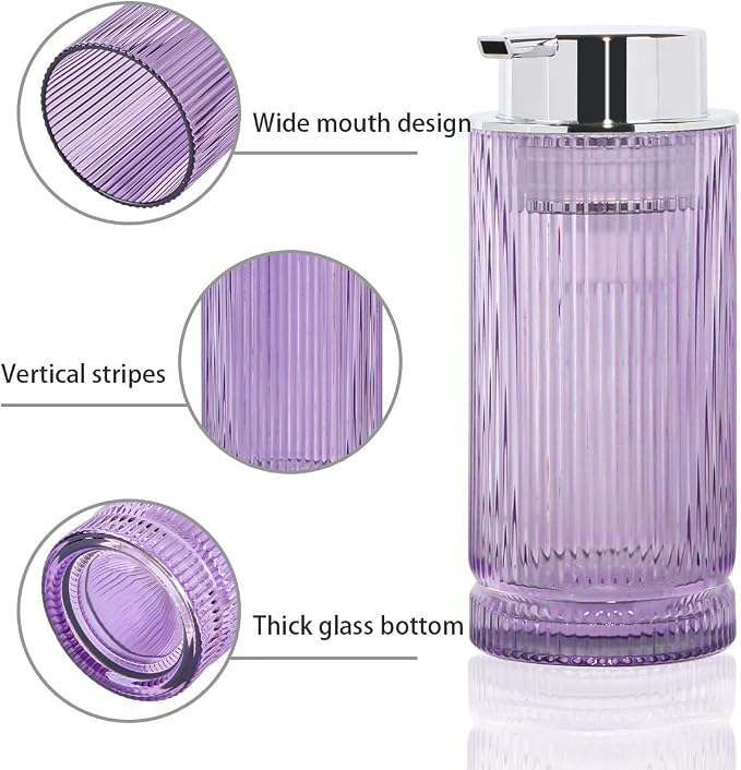 Foaming Soap Dispenser, Purple Glass Foam Soap Dispenser with Silver Pump, 14 Oz Bathroom Refillable Liquid Lotion Pump Ribbed Bottle Container for Kitchen Countertop Decor