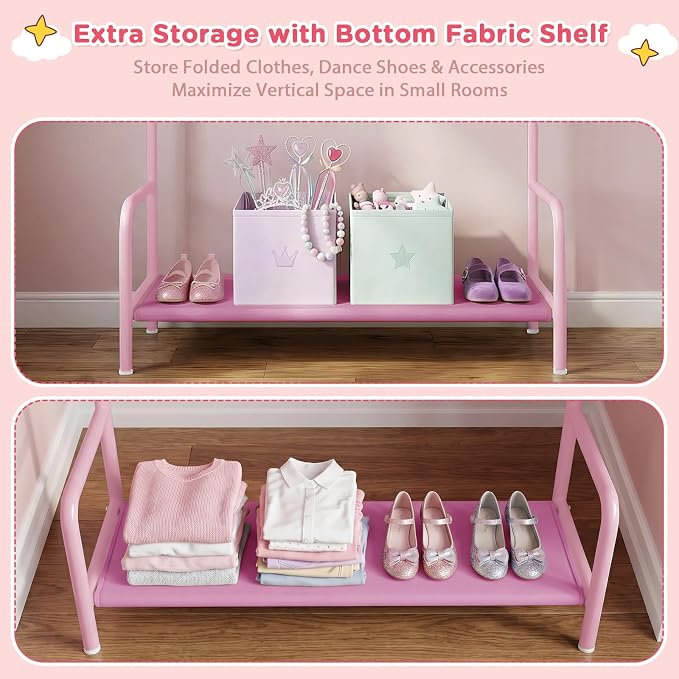 LOVEGRASS Kids Clothing Rack Double Rods for Bedroom Playroom Pink | Double Rod Design, Powder Coated Steel, Bottom Storage Shelf, for Baby Toddler Clothes, Dress Up, Nursery, Bedroom, Playroom