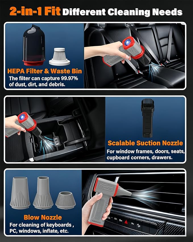 FT08 Compressed Air Duster, 1-10 Stepless Speed Adjustable | Powerful Electric Dust Blower with Display , 130000RPM Brushless Motor, Jet Fan for Keyboard PC Car Outdoor, Gray, 2-in-1