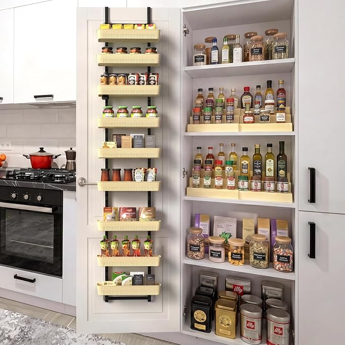 ETELI 9-Tier Over the Door Pantry Organizer with Adjustable Baskets, Metal Hanging Spice Rack, Multipurpose Over the Door Storage for Kitchen, Pantry, Bathroom and Home Organization, White