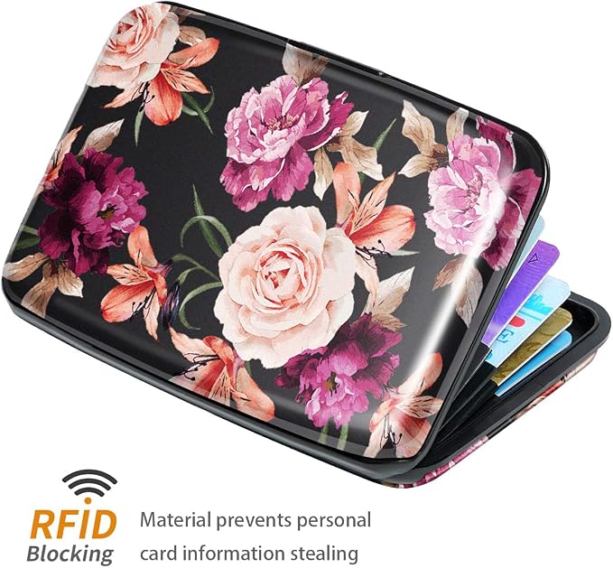 Mini Credit Card Holder for Women,RFID Blocking Slim Hard Card Case ID Case Travel Wallet Black Rose Flowers