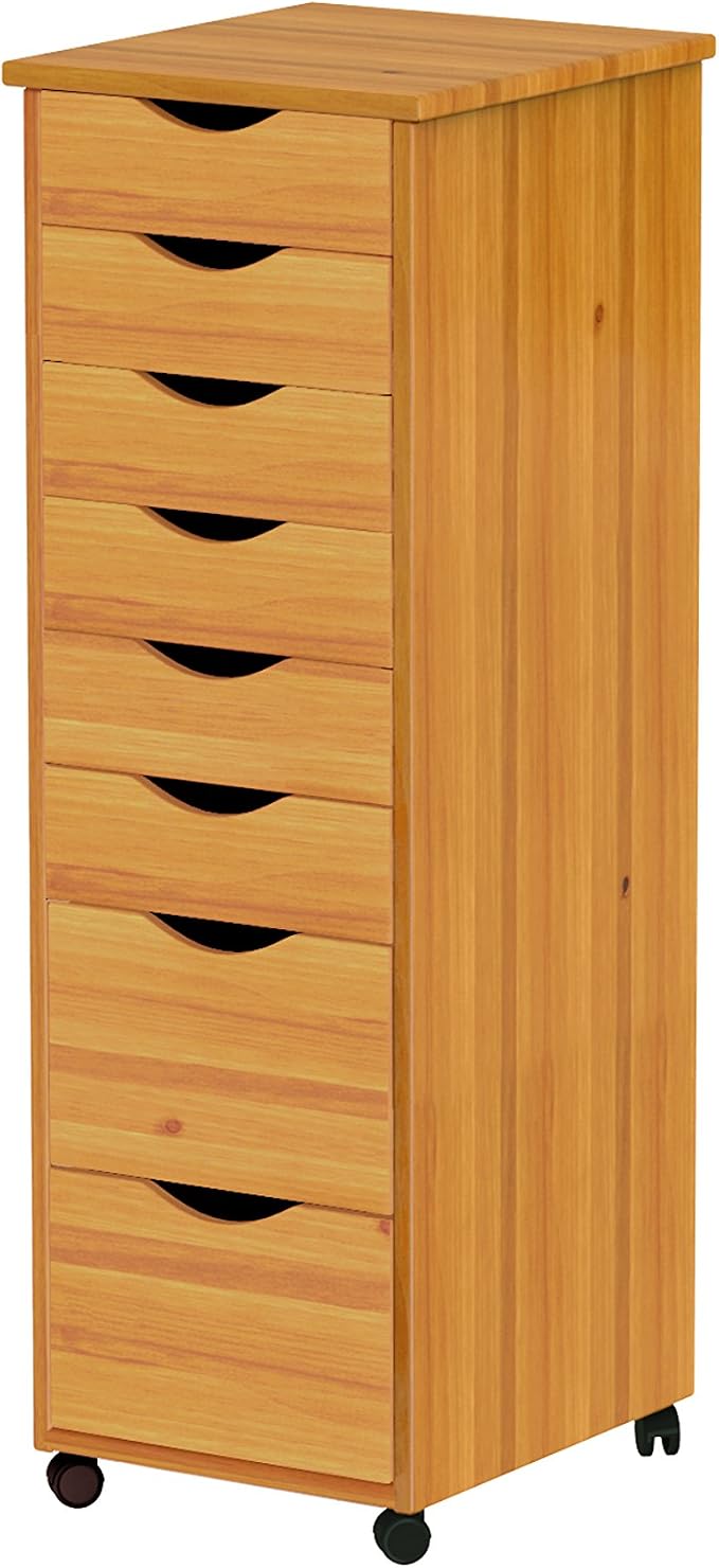 Jela-USA Solid Pine Wood 8 Drawer Rolling Cart, Honey Pine