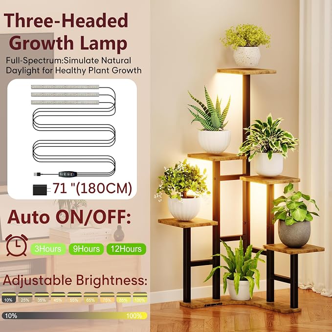 Yzosvki Corner Plant Stand Indoor with Grow Lights Set of 2, 6 Tiered Corner Plant Shelf Flower Stand for Multiple Plants, Plant Shelves Organizer Rack, Square Rustic Brown