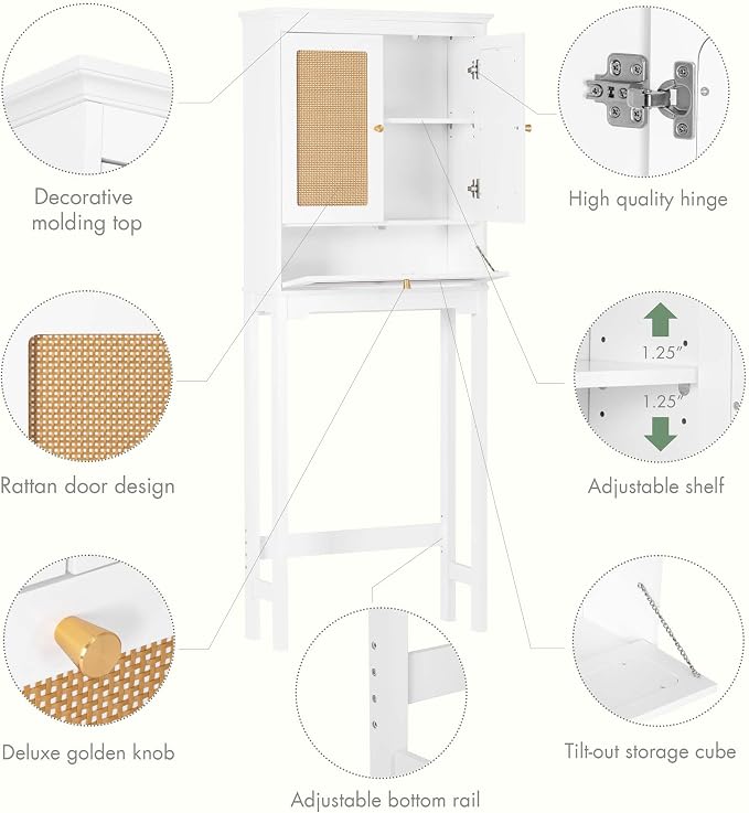 Spirich Over the Toilet Storage Cabinet with Hand-Woven Rattan Doors, White | Tilt-Out Storage Cube, Adjustable Shelf, 33-Inch Toilet Clearance, Anti-Tip Bracket, Bathroom Organizer for Toiletries