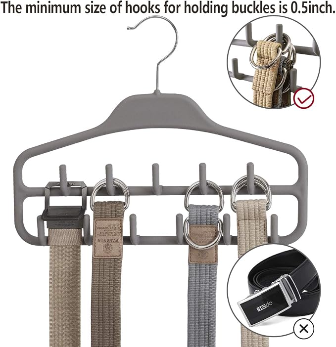Belt Hanger 2 Pack, Sturdy Belt Organizer with 360 Degree Swivel, Tie Rack with 11 Large Belt Hooks for Closet, Non Slip Rubberized Belt Rack, Gray