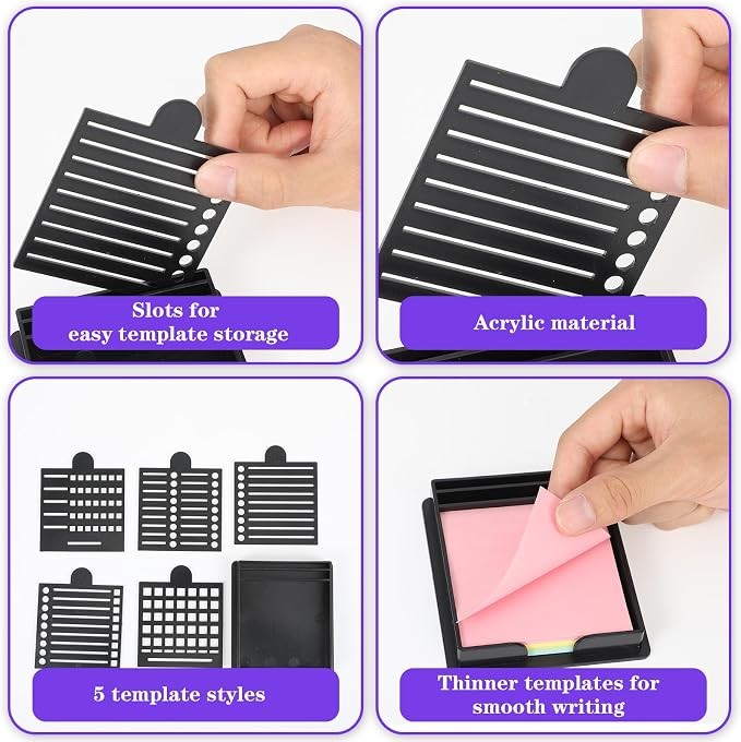 Sticky Note Holder with 5 Interchangeable Stencils, 3x3 Inch Sticky Note Stencil, Reusable Notes Organizer Case, Desk Versatile Notes Dispenser for Office Desk Home Organization Planning List