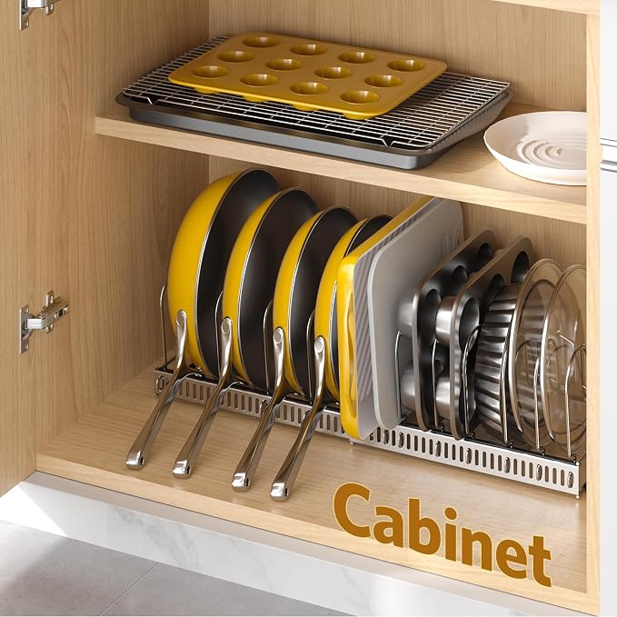 ORDORA Pots and Pans Organizer under Cabinet with Pan Holder: Expandable 11.8"-22.8" Kitchen Cabinet Organizer Rack, 12 Adjustable Dividers Storage for Cookie Sheets, Cutting Boards & Lid, Silver