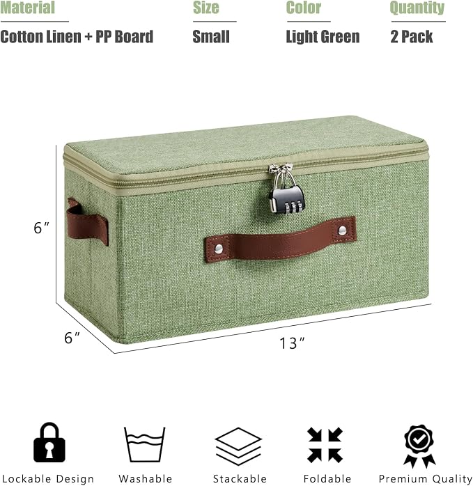 2PCS Storage Bin Box with Zipper Lid Combination Lock PU Leather Handles Cotton Linen Fabric Lockable Basket DVD CD Case Foldable Closet Shelf Organizer Container (Light Green, 13"x 6"x 6")