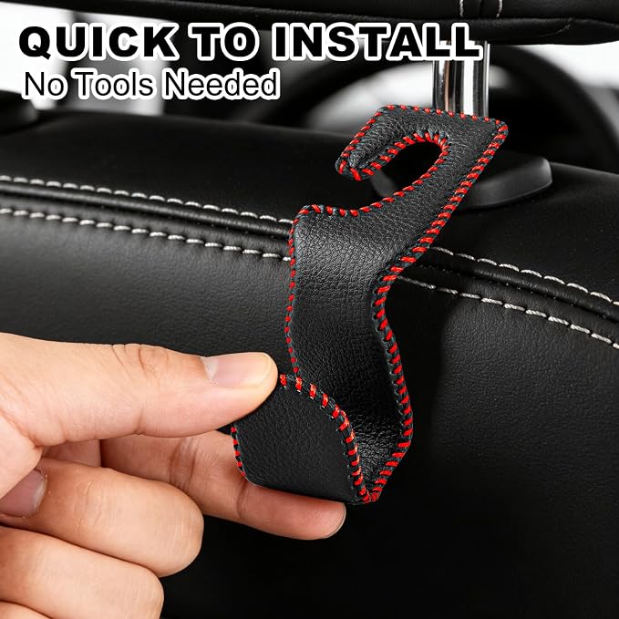 Car Seat Hooks for Purses and Bags, 2 Pack Car Purse Holder for Grocery Bag Handbag Clothes, Metal Headrest Hooks Covered by Leather, Black Red