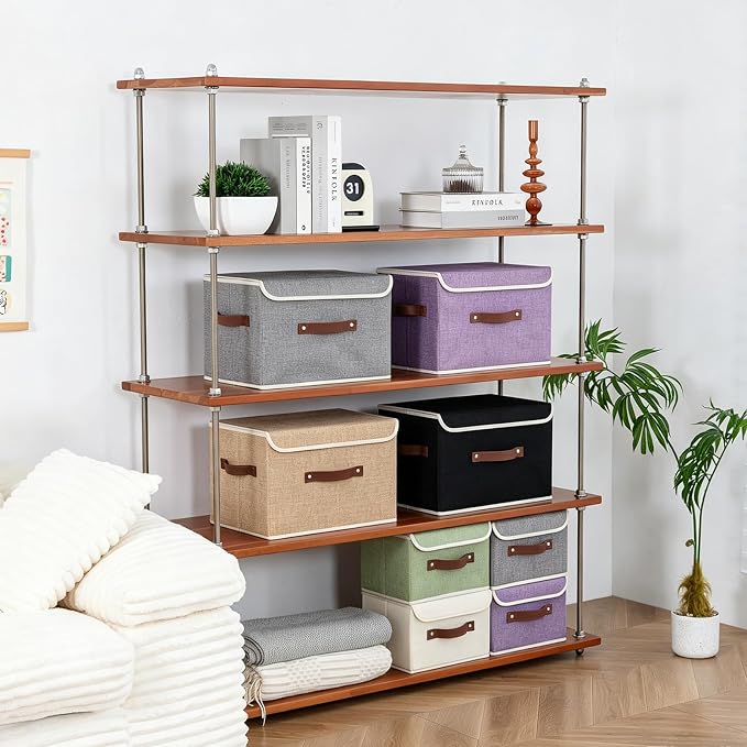 Collapsible Storage Boxes Baskets with Lid Cotton Linen Fabric Storage Bins with Faux Leather Handles Decor Washable Cube Organizer Container for Home Closet Bedroom (Purple, Large Size)