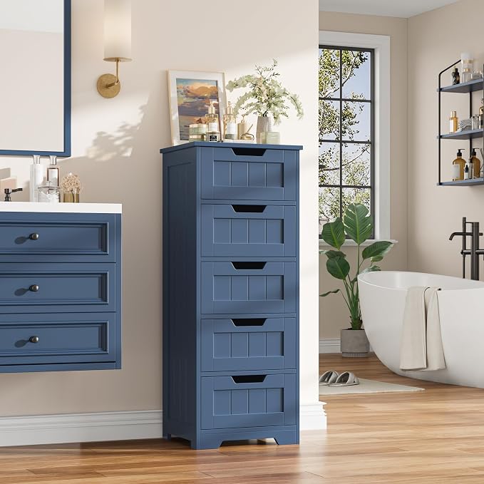 FOTOSOK Bathroom Cabinet, Bathroom Storage Cabinet with 5 Drawers, Wooden Storage Cabinets with Cut-Out Handles, 11.8” x 15.7” x 40.1” Bathrooms Floor Cabinets for Hallway/Living Room, Blue