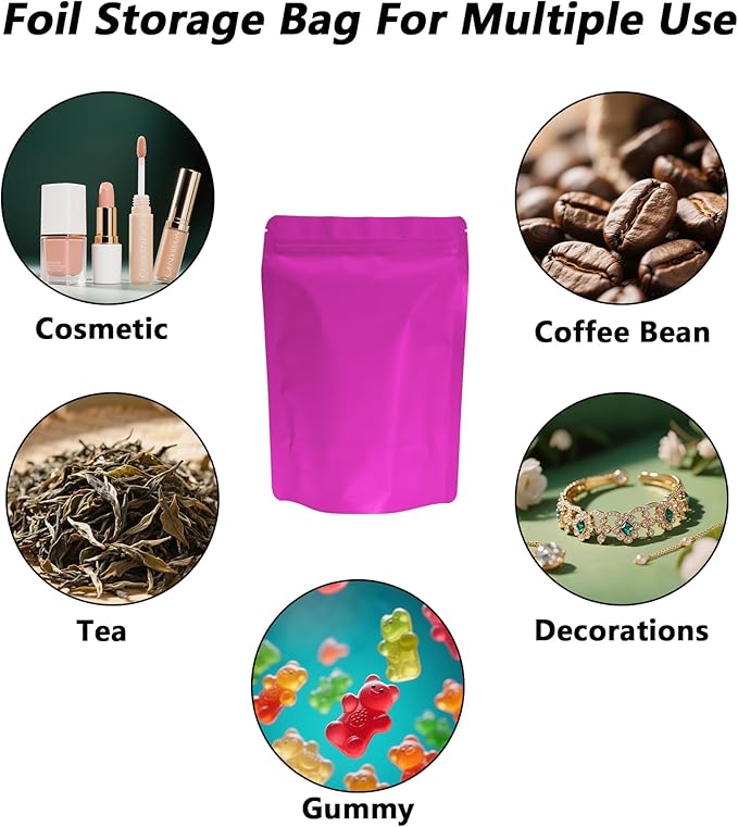 100PCS Smell Proof Resealable Pouch Bags,ULIFESTAR Aluminum Foil Flat Food Storage Bag,Sealable Pcsaging Zipper Pouches with Tear Notches for Pcsaging Lipgloss,Jewelry,etc(14*20cm/5.51*7.87",Purple)