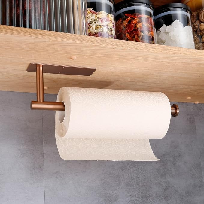 Paper Towel Holder-Under Cabinet Wall Mounted Magnetic Paper Kitchen Towel Holder SUS304 Stainless Steel 13inch Rose Gold Paper Towel Holder for Bathroom Vanity Storage Organzier