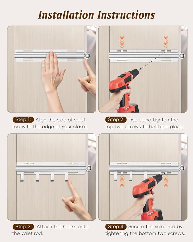 Supforce Valet Rod for Closets, 12" Valet Rod With 4 Hooks, Closet Organizer Slide Out Clothing Hanger Rods Extender Perfect for Suits,Dresses,Belt,Tie, Polished Chrome