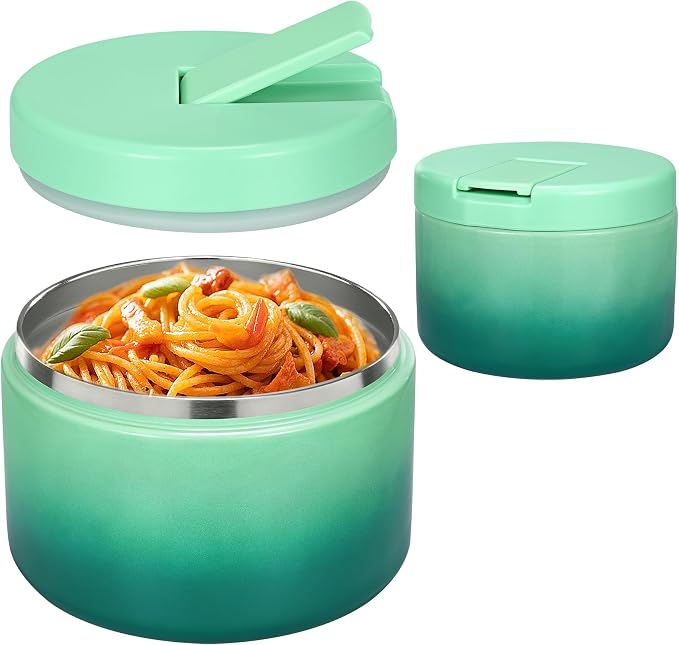 Pawtong 12oz Insulated Vacuum Food Jar with Buckle Lid Wide Mouth Soup Thermo for Hot Food Kids Leakproof Stainless Steel Lunch Container (Gradient Green, 12OZ)