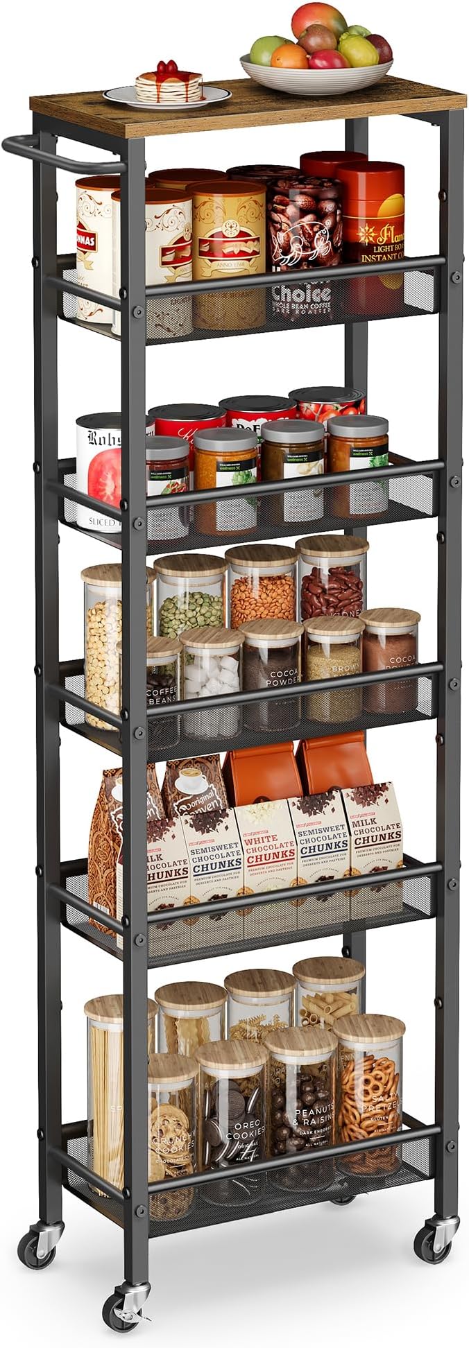 VASAGLE 6-Tier Slim Rolling Storage Cart, Narrow Kitchen Cart with Wheels, Utility Organizer, 17.9 x 8.7 x 51.7 Inch, for Bathroom Pantry, Rustic Brown and Matte Black, Dacey Collection ULRC039K101