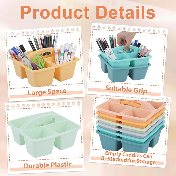 6 Pack Assorted Colors Classrooms Caddy 4 Compartment Classroom Caddy Compartment Caddies Set Table Caddies Classrooms with Handle for Classroom Organization Table Desk Office Supplies(Boho)