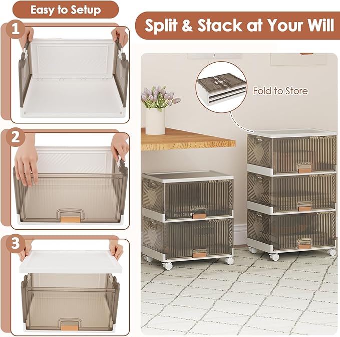 Giantex 3 Tier Stackable Storage Bins with Lids, 13.5 Gal Foldable Shoe Storage Box with Detachable Wheels & Flip-Up Doors, Collapsible Closet Organizers and Storage Bins