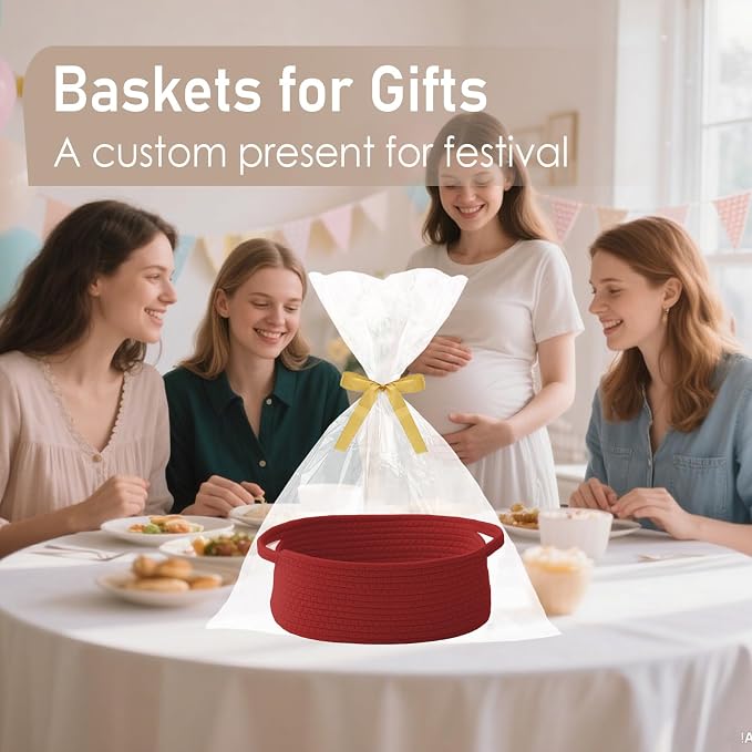 JMvicyroam Woven Basket,Small Rope Storage Bin with Handles & Ribbon Bag, Organizer for Shelves Closets,Gift Basket Empty for Birthday,Books,Dog Toys, Red/3 Pack