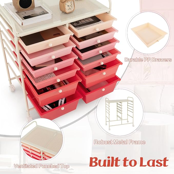 Moccha 12-Drawer Rolling Storage Cart - Utility Cart on Wheels with Lockable Casters for Craft Art Supply Paper Salon, Mobile Drawer Carts for Classroom Teacher School Office (Gradient Pink)