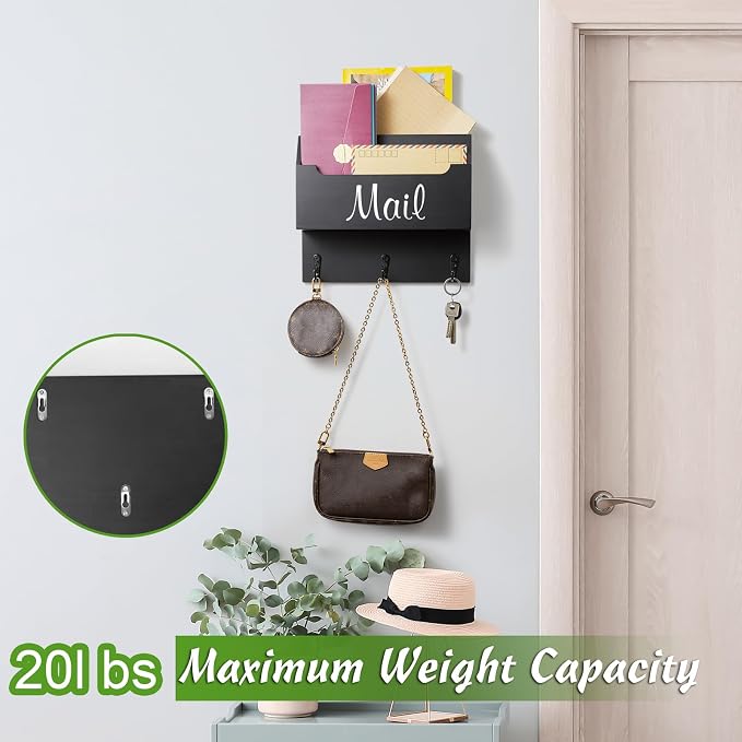 DRASTAR Mail Organizer Wall Mounted, Wooden Mail Sorter & Key Holder for Wall, Hanging Mail Organizer, Black Mail Basket for Home Office