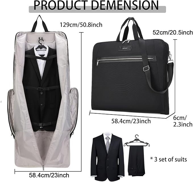 BESMART Garment Bags for Travel, 51" Large Suit Bag for Business Trips | Waterproof,Hangs 3 Suits,Foldable,Wrinkle Free Spacious Luggage Suit Cover,Adjustable Strap,Carry On Flight Approved,Black